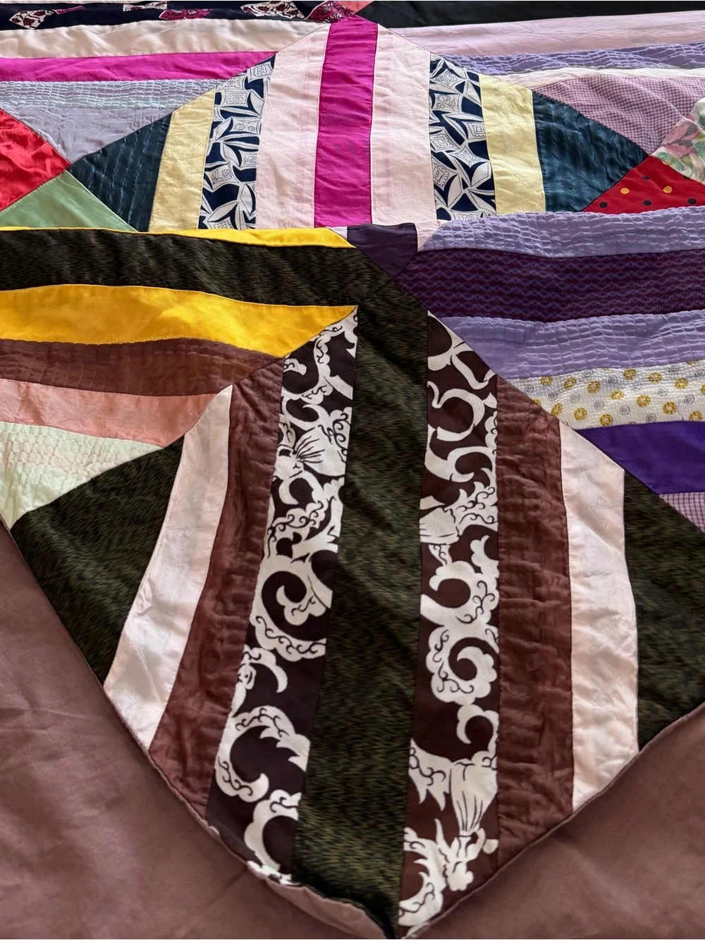 Vintage Handmade Satin String Quilt 62x96 Boho Patchwork Bed Throw
